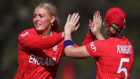 England spinner Sarah Glenn celebrates a wicket with captain Heather Knight in the Women's T20 World Cup warm-up game against South Africa