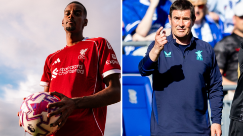 Split image of Alexander Isak after he joined Liverpool, and Mansfield Town boss Nigel Clough