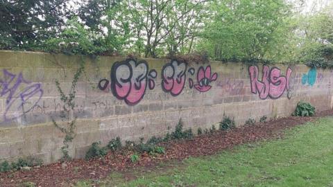 Pink and white writing spray-painted on the side of a breezeblock wall. There are trees behind the wall and leaves on the floor.