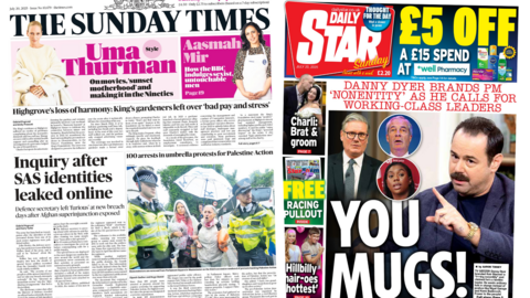 The front pages of The Sunday Times and The Daily Star are shown in a composite image. "Inquiry after SAS identities leaked online" reads the headline of the Times. "You mugs" reads the headline of the Daily Star.