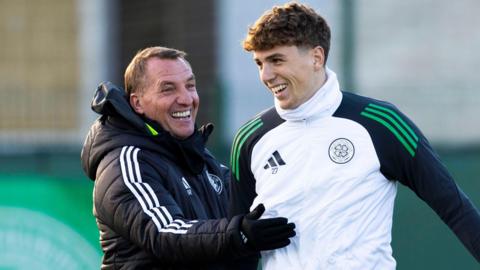 Celtic manager Brendan Rodgers with midfielder Arne Engels