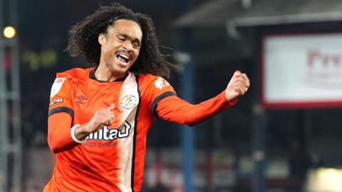 Tahith Chong celebrates his equaliser for Luton v West Brom