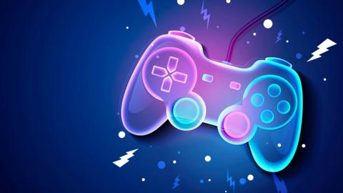 A console illustration in blue and pink.