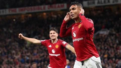 Manchester United midfielder Casemiro celebrates scoring for Manchester United against Chelssea