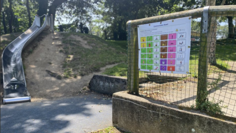 A large communication poster on a fence on the right at a play park. There is a slide on the left which is on a grass bank.