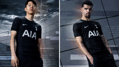 A split graphic showing Heung-min Son and Dominic Solanke modelling Tottenham Hotspur's 2025-26 away kit