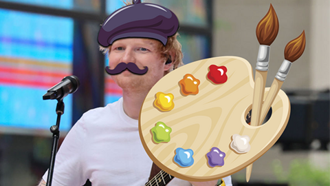 Ed Sheeran with beret, moustache and paint palette. 