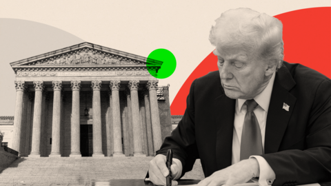 Edited image of Donald Trump signing an order, alongside a photo of the Supreme Court
