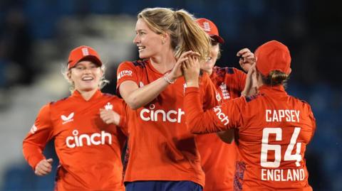 Lauren Bell celebrates a wicket