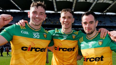 Charles McGuinness, Ciarán Thompson and Kevin McGettigan celebrate Donegal's win over Armagh