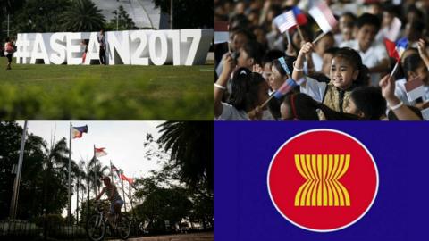 A composite picture of four photos. Top left: #ASEAN2017. Top right: Young girls waving flags. Bottom left: A man cycling underneath a Philippine Flag. Bottom right: ASEAN logo