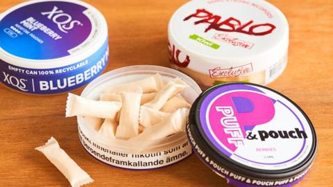 An assortment of nicotine pouch cans, with one opened showing the pouches inside the case.