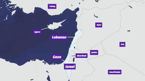 A map showing the location of Lebanon, Syria and Israel