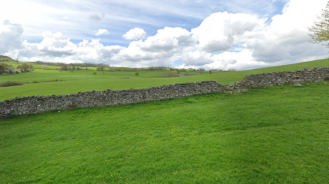 A green and grassy field. A stone wall runs through the middle of the picture and some rural homes can be seen in the distance.