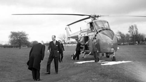 Celebrations for 400 years since the birth of William Shakespeare in Stratford-upon-Avon. Prince Philip, Duke of Edinburgh arrives by helicopter, 23rd April 1964.