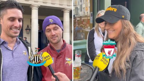 A split screen image with two men on the left looking at the Newcastle FC badge and a woman on the right looking at the Liverpool FC badge. Both are speaking into BBC Sport mics and doing a quiz to rename Premier League clubs as NFL teams based on their badge