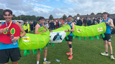 Four runners ran this year's Robin Hood Half Marathon in Nottingham in a Very Hungry Caterpillar costume.