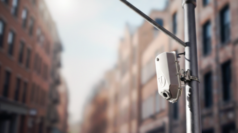 A sensor mounted on a poll with blurred brown buildings seen in the background.