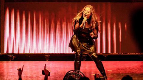 Becky Hill opens for Katy Perry at Unipol Arena on November 02, 2025 in Bologna, Italy.