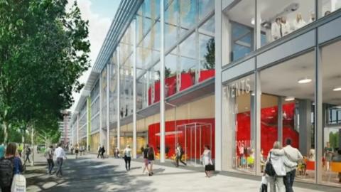 Drawing of a four-storey glass-fronted building with red and cream interior walls. There are people walking on a wide pavement in front of the building, and there is a row of trees on the opposite side of the walkway.