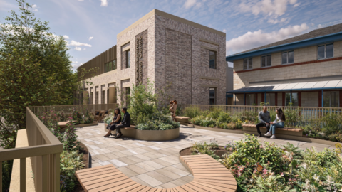 An artist's impression of the new centre, which is a two storey, brick building with tall windows, and a landscaped garden in the foreground with paving surrounded by flower beds and seating