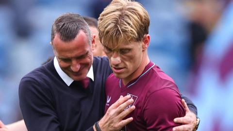 Nicky Hayen hugs Zian Flemming at full-time during the Sky Bet Championship 2026-27 match between Burnley and West Ham United