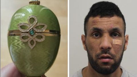 Split screen with egg and mug shot