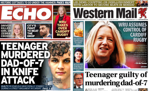 On the left is a picture of the South Wales Echo newspaper's front page which shows main headline which says Teenager murdered dad-of-7 in knife attack. Other headlines include driver killed girl on zebra crossing, City's fight to beat the drop, WRU takes over Cardiff rugby, Community hits out a plan for 14th barbershop. On the right is a picture of the Western Mail newspaper's front page which shows main headline which says teenager guilty of murdering dad-of-7. Other headlines include, WRU assumes control of Cardiff rugby, has our fish supper had its chips?, he fled war to be killed on UK street, Starmer in grim tariffs warning.