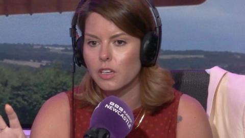 North East mayor Kim McGuinness in a radio studio getting interviewed with headphones on. The lower image shows Gateshead Quayside where the arena development is taking place.