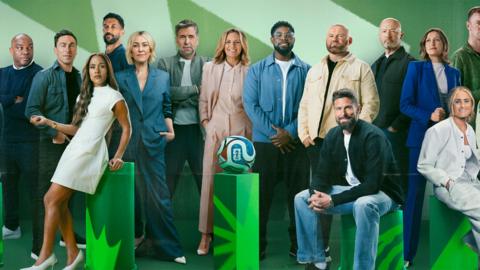 BBC presenters and pundits standing against a green background