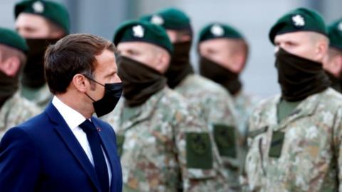 French President Emmanuel Macron visits French troops of the NATO enhanced Forward Presence battlegroup in Rukla, Lithuania