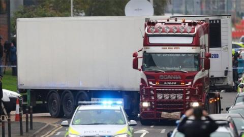 The lorry in Grays after the bodies of 39 Vietnamese migrants were found