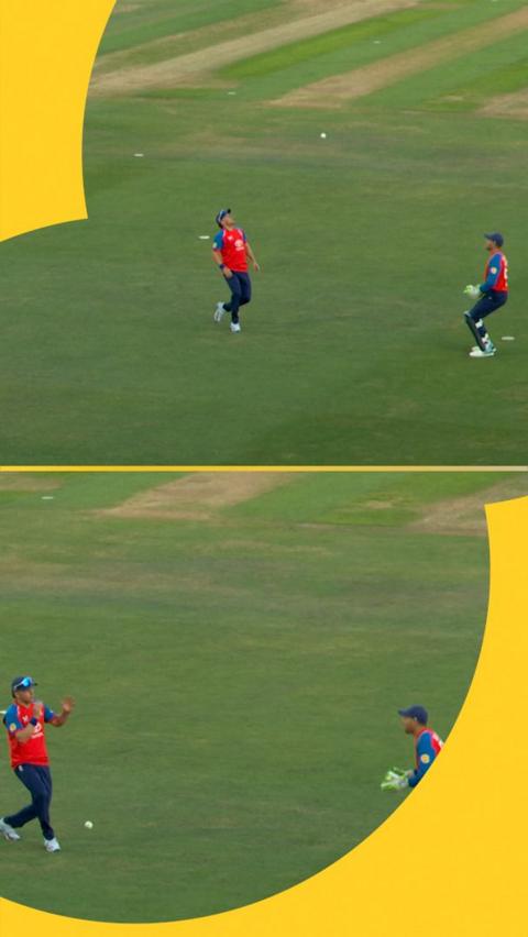 Jos Buttler and Sam Curran both go after the ball but neither catches it