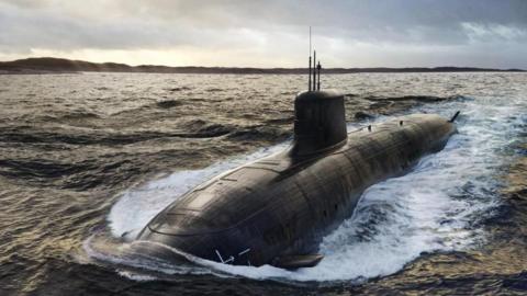 Image shows a mocked-up illustration of what an SSN-AUKUS submarine will look like