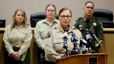 Nevada County Sheriff Shannan Moon replies to a question during a press conference
