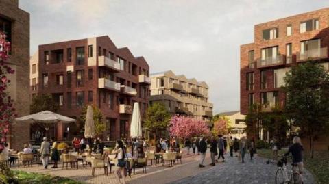 An artist's impression of three high-rise blocks of flats, as well as an open piazza with tables and chairs outside and some people sat down, on the tables.