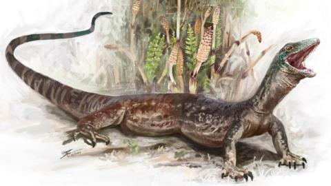 A drawing of a brown and green lizard in front of green and brown foliage