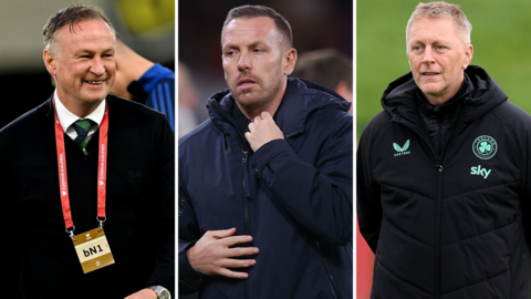 A split image of Northern Ireland manager Michael O'Neill, Wales manager Craig Bellamy and Republic of Ireland manager Heimir Hallgrimsson