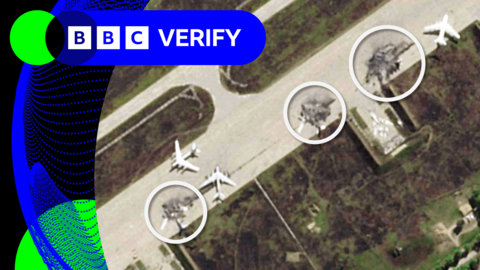 Satellite imagery showing three badly damaged Russian bombers after a Ukrainian drone strike