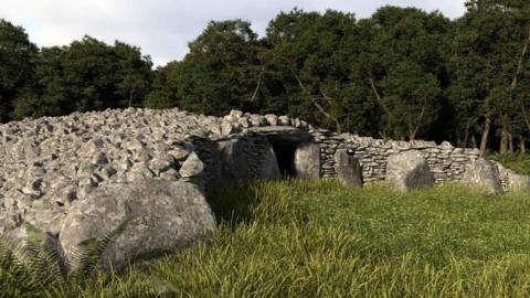 A 3D video recreation of a chambered cairn burial site in Galloway built out of stone on grass with trees in the background