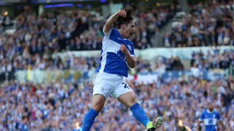 Tomoki Iwata celebrates scoring for Birmingham City against Mansfield Town