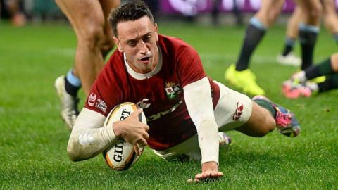 Alex Mitchell dives to score the British and Irish Lions' third try during the tour match against NSW Waratahs