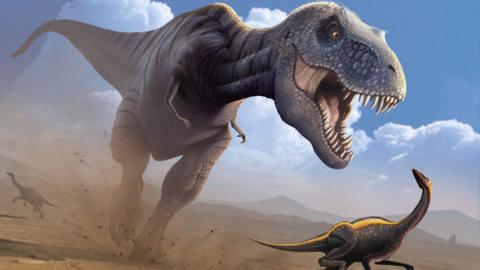 An illustration of a ferocious tyrannosaurus rex with an open mouth. It's chasing a smaller dinosaur across some dusty land under a blue sky with scattered clouds