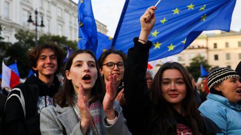 Thousands attend 'We're staying in EU' demonstration at the Main Square in Krakow, Poland