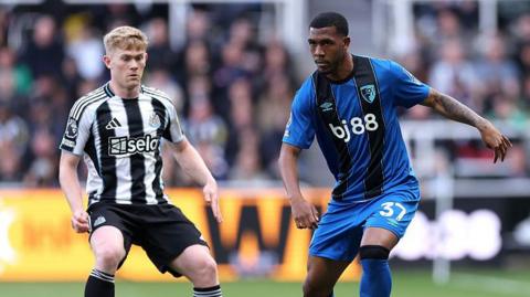Lewis Hall closes down Rayan during Newcastle United's game against Bournemouth at St James' Park on 18 April, 2026