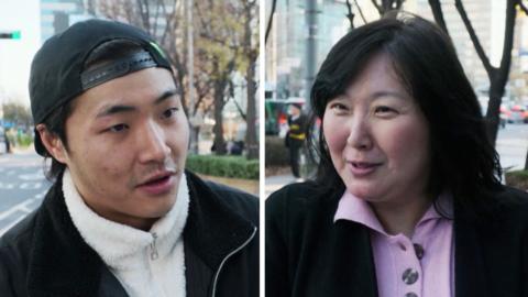 A split image of two South Koreans standing on a street as they talk to the camera while expressing views on the topic.