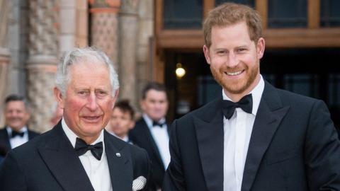 Charles and Prince Harry, Duke of Sussex attend the "Our Planet" global premiere at Natural History Museum in 2019