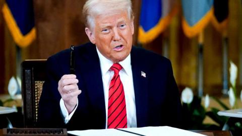 President Donald Trump waves a pen sitting at a desk when signing an executive order to largely dismantle the Education Department on 20 March 2025