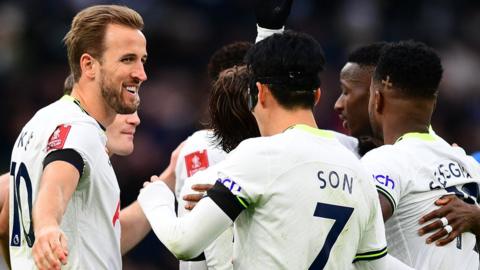 Spurs celebrate Harry Kane's opening goal against Portsmouth