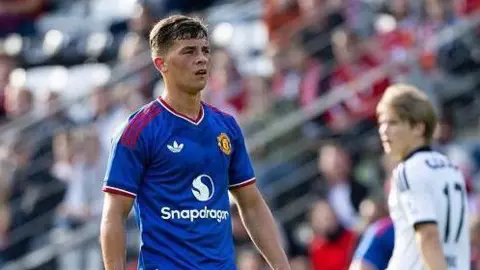 Shea Lacey of Manchester United in blue kit during friendly against Rosenborg